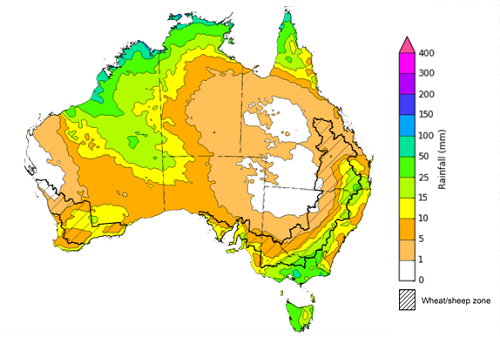 Map of the total forecast rainfall for the next 8 days. Image provided by the Bureau of Meteorology. Please refer to accompanying text for a more detailed description.