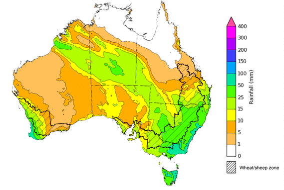 Map of the total forecast rainfall for the next 8 days. Image provided by the Bureau of Meteorology. Please refer to accompanying text for a more detailed description.