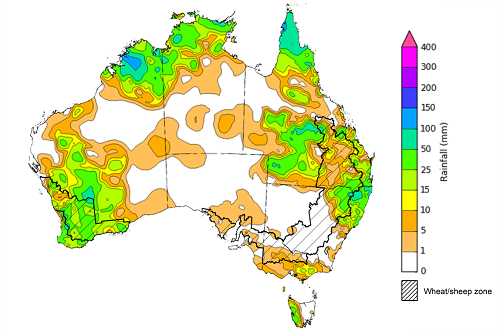 Map showing weekly rainfall totals in Australia. Image provided by the Bureau of Meteorology. Please refer to accompanying text for a more detailed description.