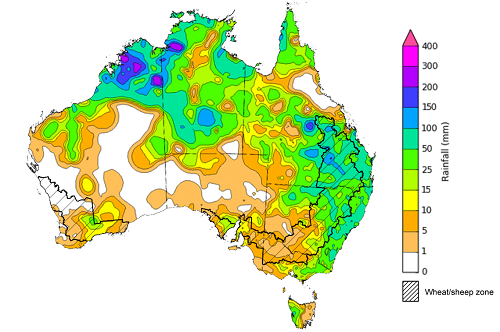 Map showing weekly rainfall totals in Australia. Image provided by the Bureau of Meteorology. Please refer to accompanying text for a more detailed description.