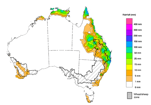 Map showing weekly rainfall totals in Australia. Image provided by the Bureau of Meteorology. Please refer to accompanying text for a more detailed description.