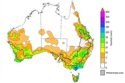 Map showing weekly rainfall totals in Australia. Image provided by the Bureau of Meteorology. Please refer to accompanying text for a more detailed description.