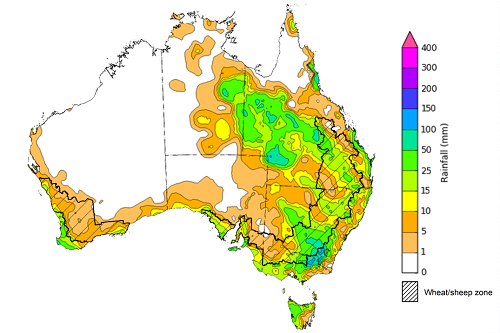 Map showing weekly rainfall totals in Australia. Image provided by the Bureau of Meteorology. Please refer to accompanying text for a more detailed description.