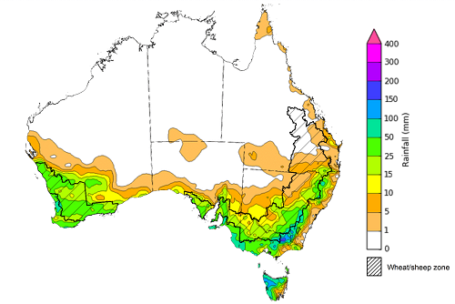 Map showing weekly rainfall totals in Australia. Image provided by the Bureau of Meteorology. Please refer to accompanying text for a more detailed description.