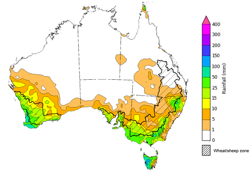 Map showing weekly rainfall totals in Australia. Image provided by the Bureau of Meteorology. Please refer to accompanying text for a more detailed description.