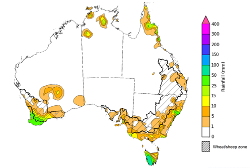 Map showing weekly rainfall totals in Australia. Image provided by the Bureau of Meteorology. Please refer to accompanying text for a more detailed description.