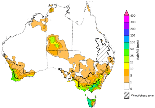 Map showing weekly rainfall totals in Australia. Image provided by the Bureau of Meteorology. Please refer to accompanying text for a more detailed description.