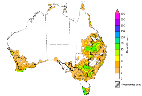 Map showing weekly rainfall totals in Australia. Image provided by the Bureau of Meteorology. Please refer to accompanying text for a more detailed description.