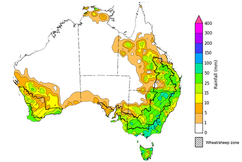 Map showing weekly rainfall totals in Australia. Image provided by the Bureau of Meteorology. Please refer to accompanying text for a more detailed description.