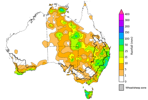 Map showing weekly rainfall totals in Australia. Image provided by the Bureau of Meteorology. Please refer to accompanying text for a more detailed description.