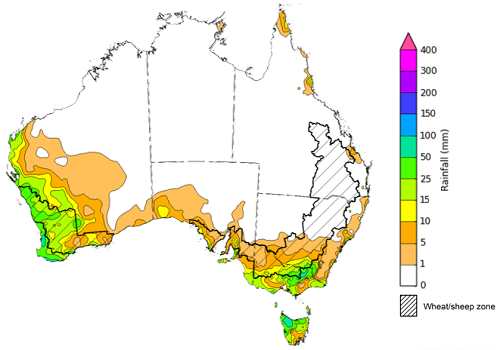 Map showing weekly rainfall totals in Australia. Image provided by the Bureau of Meteorology. Please refer to accompanying text for a more detailed description.