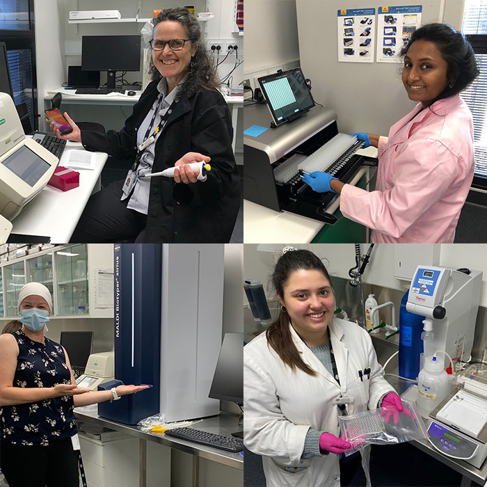 Composite of four pictures of four of the women in plant science in the department’s Science and Surveillance Group:Clockwise: Molecular Biologist Stephanie Rosch, Director of Laboratory Operations Stacy Azzopardi, Assistant Director Dr Candace Elliot and Bioinformatician Dr Ruvini Lelwala