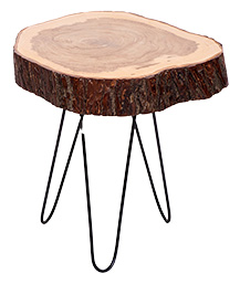 Image of side table with metal legs and surface made from tree trunk slice and bark around edge of table surface.