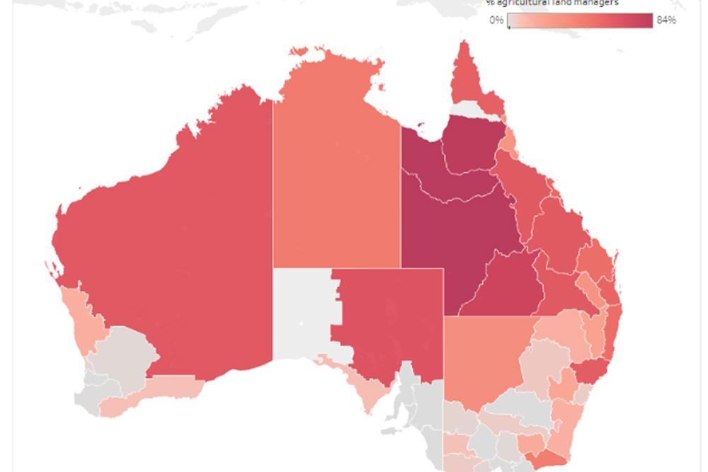 Map indicating percentage of land managers within a Natural Resource Management region reporting problems with wild dogs on their property in 2022. (Scale from 0% (grey) to 84% (darkest red)) 