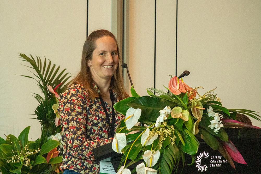 Image of Dr Jo Lee presenting on the department’s preparedness for exotic plant pests and diseases and the review of the Top 42 national priority plant pests. 