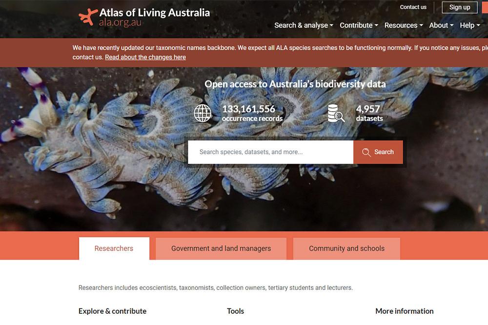 A screen shot of website home of Atlas of Living Australia.