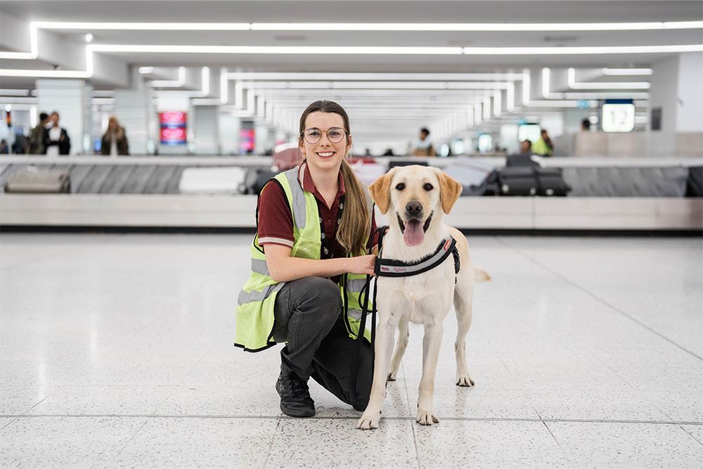 Image of a person kneeling down beside a detector dog, they are in front of an airport luggage conveyor belt