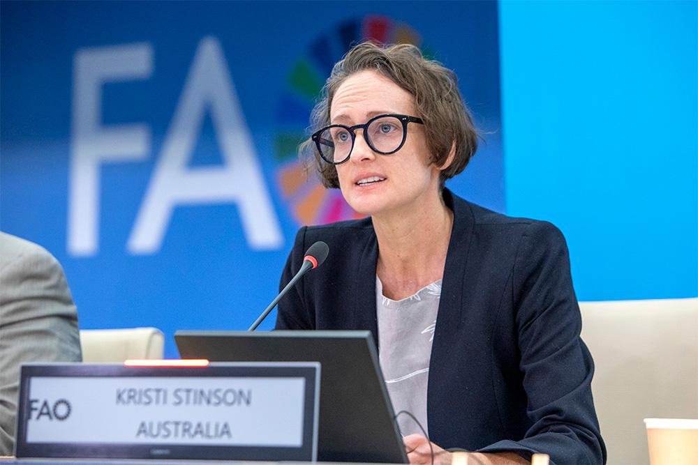 Image of a person sitting in a conference room, giving a presentation from a laptop, in front of a name plate which says "FAO Kristi Stinson - Australia"