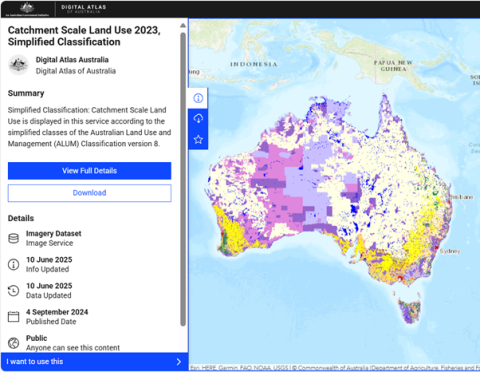 This image shows Catchment Scale Land Use of Australia – Update December 2023 version 2 as a web service visualised by simplified land use classes on the Digital Atlas of Australia