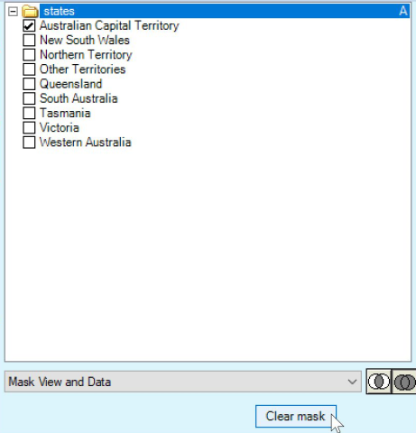 Image shows Mask dropdown showing list of states. Australian Capital Territory is selected from the list. Clear mask button at the bottom removes this selection.