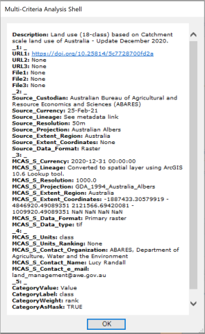 Image shows complete Tip or info file displayed in MCAS-S for Land use data featuring optional fields to provide category labels, weights and ability to be used as mask data   