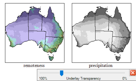 Image shows precipitation as a visual underlay under remoteness layer.