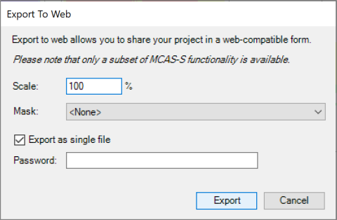 Export to Web window allows user to set scale to view exported project. Choose a mask. Set a password (optional). And export project to HTML format for view in web browser.