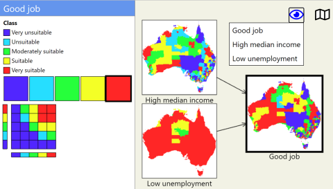 Export to web showing ability to edit class allocation for two-way between high median income and low unemployment.